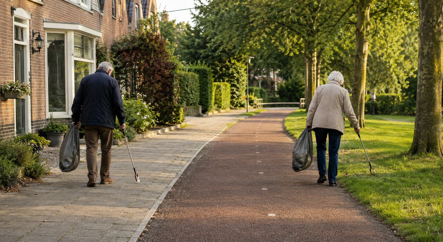 Twee oudere buurtbewoners rapen op enige afstand van elkaar zwerfafval